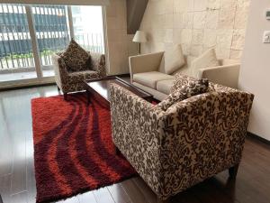 墨西哥城St Isidro Suites Corporate Housing SPA & Wellness Center的带沙发和红色地毯的客厅