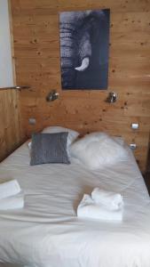 拉普德兹阿祖尔阿尔卑斯酒店的一张带两个枕头的大白色床和一张大象照片