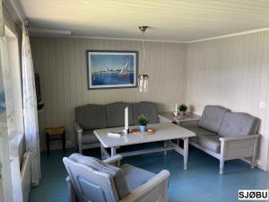 弗罗达尔Eidstod hytter的客厅配有沙发和桌子