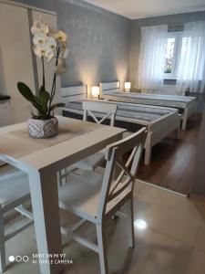 尤斯托尼莫斯基Apartamenty i Pokoje Biala Hortensja的一间设有两张床和一张桌子及椅子的用餐室