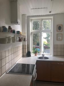 里伯Lejlighed i hjertet af Ribe的厨房设有水槽和窗户。