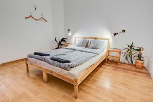 布达佩斯帕尔旅舍和公寓的一间卧室配有一张床,铺有木地板
