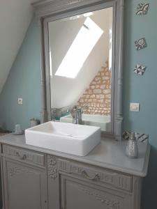 布雷特维尔迪格朗科Les Hortensias-chambre chez l'habitant的一间带水槽和大镜子的浴室