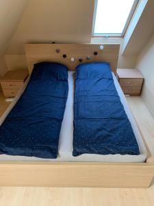 巴拉顿菲赖德Robinson szigete的小房间的一个床位,配有蓝色枕头