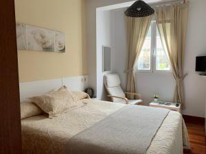 圣地亚哥－德孔波斯特拉SCQ家园公寓的卧室配有床、椅子和窗户。