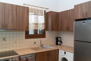 瓦西利基Melissi Villa的厨房配有木制橱柜、水槽和冰箱。