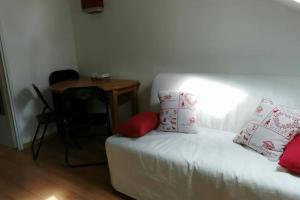 韦尔科尔地区格雷斯Studio mansardé 18 m2 climatisé avec piscine privée的一间卧室配有一张带红色枕头的床和一张桌子