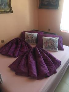 福纽德MG Apartmanház的一张带紫色床单和枕头的床