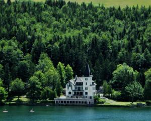 格伦德尔湖Haus Schraml的湖中的一个岛屿,有房子