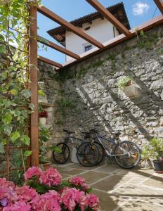 斯丹尼Apartmaji in sobe Odlična hiša Štanjel的两辆自行车停在花卉的石墙边