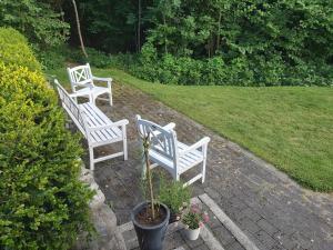 莫斯Huset i skogen的三个白长椅坐在砖砌的庭院里