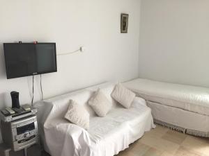 Boumhel El BassatineBelaire host appartment的客厅配有白色沙发和平面电视。