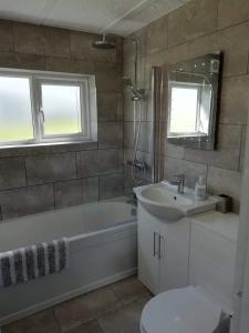 布德Chalet 26 Widemouth Bay的带浴缸、盥洗盆和卫生间的浴室