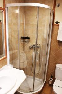萨比奥特Hotel Rural Molino del Albaicín的带淋浴的浴室(带盥洗盆和卫生间)