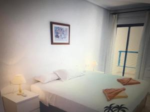 奥里韦拉海滩Playamarina 2 Cabo Roig的卧室配有白色的床和窗户。