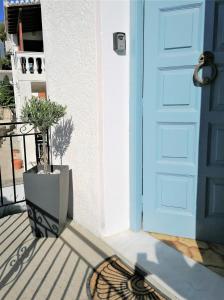 斯派赛斯Summer house in Spetses的门廊上一扇带盆栽植物的蓝色门