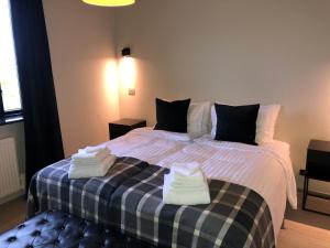 海德纳尔Hellnar Ocean View Villa的一间卧室配有一张大床和毛巾
