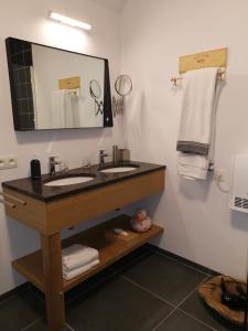 ElingenElingenhof的浴室设有2个水槽、镜子和毛巾。