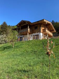 贝希特斯加登Ferienhaus Berggfui的一座位于山丘上的木屋,拥有绿色的田野