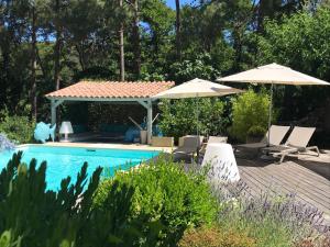 卡伦扎纳Villa Limone, maison d'hôtes的游泳池旁配有两把遮阳伞和椅子