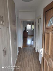 索普隆ALEX Apartman的走廊通往带硬木地板的客厅
