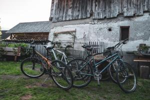 博希尼Učni ranč, Bohinj的停在大楼旁边的一群自行车