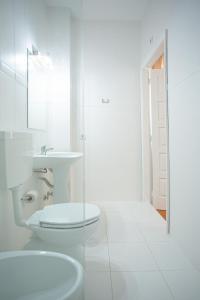 波尔图Hotel Borsalino的白色的浴室设有卫生间和水槽。