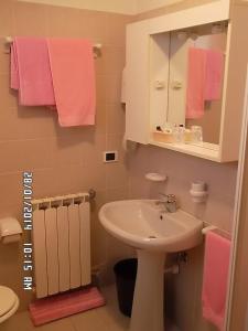 卡斯蒂奥内·德拉·佩雷索拉洛萨住宅酒店的浴室设有水槽、镜子和粉红色毛巾