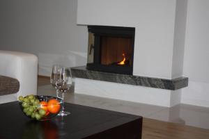 奥什恰德尼察Villa Malina的葡萄酒杯和一碗水果,放在带壁炉的桌子上