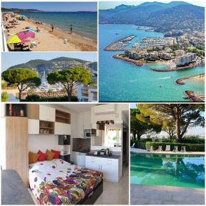 曼德琉-拉纳普勒Garden and beach sea view apartment Cannes的海滩和厨房的四幅画拼图
