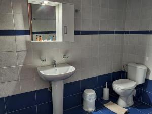 卡拉马塔Stoupa Lefktro 9的蓝色和白色的浴室设有卫生间和水槽