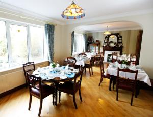 戈尔韦阿东酒店的一间带桌椅和吊灯的用餐室
