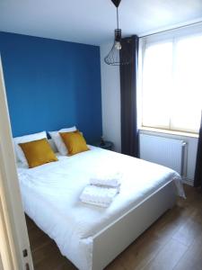 里尔Appartement Lille/1ch/stationnement gratuit的蓝色卧室配有一张带黄色枕头的大床