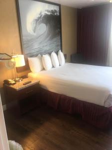 安纳海姆阿纳海姆公园会议中心国王汽车旅馆的酒店客房配有一张床和一张带台灯的桌子