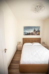 克卢日-纳波卡Covaciu aparthotel的卧室配有一张床,墙上挂有绘画作品