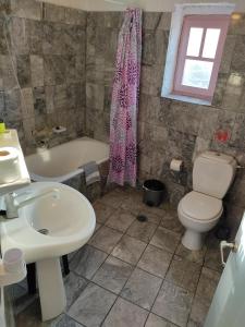 AloproniaPorto Sikinos Hotel的浴室配有盥洗盆、卫生间和浴缸。