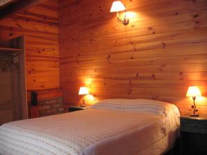 埃斯克尔Cabañas Lorien的一间卧室设有木墙和一张带两盏灯的床。