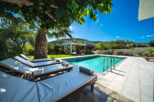 基萨莫斯Petronila Luxury Villa with heated private pool的一个带躺椅的游泳池,并种植了棕榈树