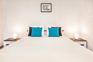陶里亚蒂Spring Melody Apartment SUTKI LIFE的卧室配有带蓝色枕头的大型白色床