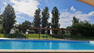 拉蒂纳Il Casale Corte Rossa的一座带凉棚和树木的大型游泳池