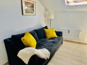 雷米希Cozy flat near Moselle Remich的客厅里配有带黄色枕头的蓝色沙发
