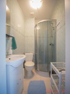 韦巴Villa del Mar的带淋浴、卫生间和盥洗盆的浴室