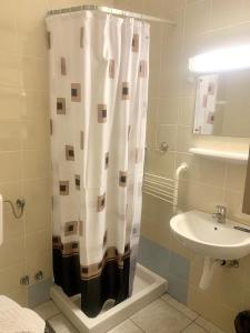 波尔托罗波尔托罗克罗坦学生宿舍公寓式酒店的浴室配有淋浴帘和盥洗盆。