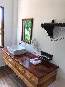 NongkhiawNam ou view villa的浴室设有水槽和木柜台上的镜子
