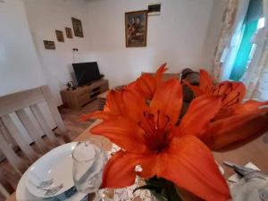 ČaglinRuralna kuća za odmor Viktorija的坐在桌子上的大型橙花