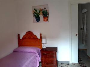佩特拉利亚索普拉纳Balcón de Petralia的一间卧室配有一张带紫色床罩和床头柜的床。