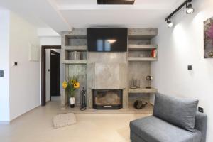 卡特罗斯Orion Eco Suites的客厅设有壁炉和灰色沙发。