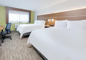 圣安东尼奥Holiday Inn Express & Suites San Antonio NW near SeaWorld, an IHG Hotel的酒店客房配有两张床和一张书桌