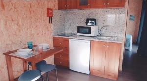 巴伦西亚MyStay - Bungalows in Quinta dos Sobrais的厨房配有白色冰箱和微波炉