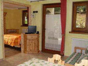 尚波吕克勿忘草公寓式酒店的一间卧室设有一张床、一台电视和一个窗口。